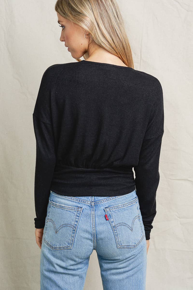 Maronie Long Sleeve Twist Front Crop Top - Black
