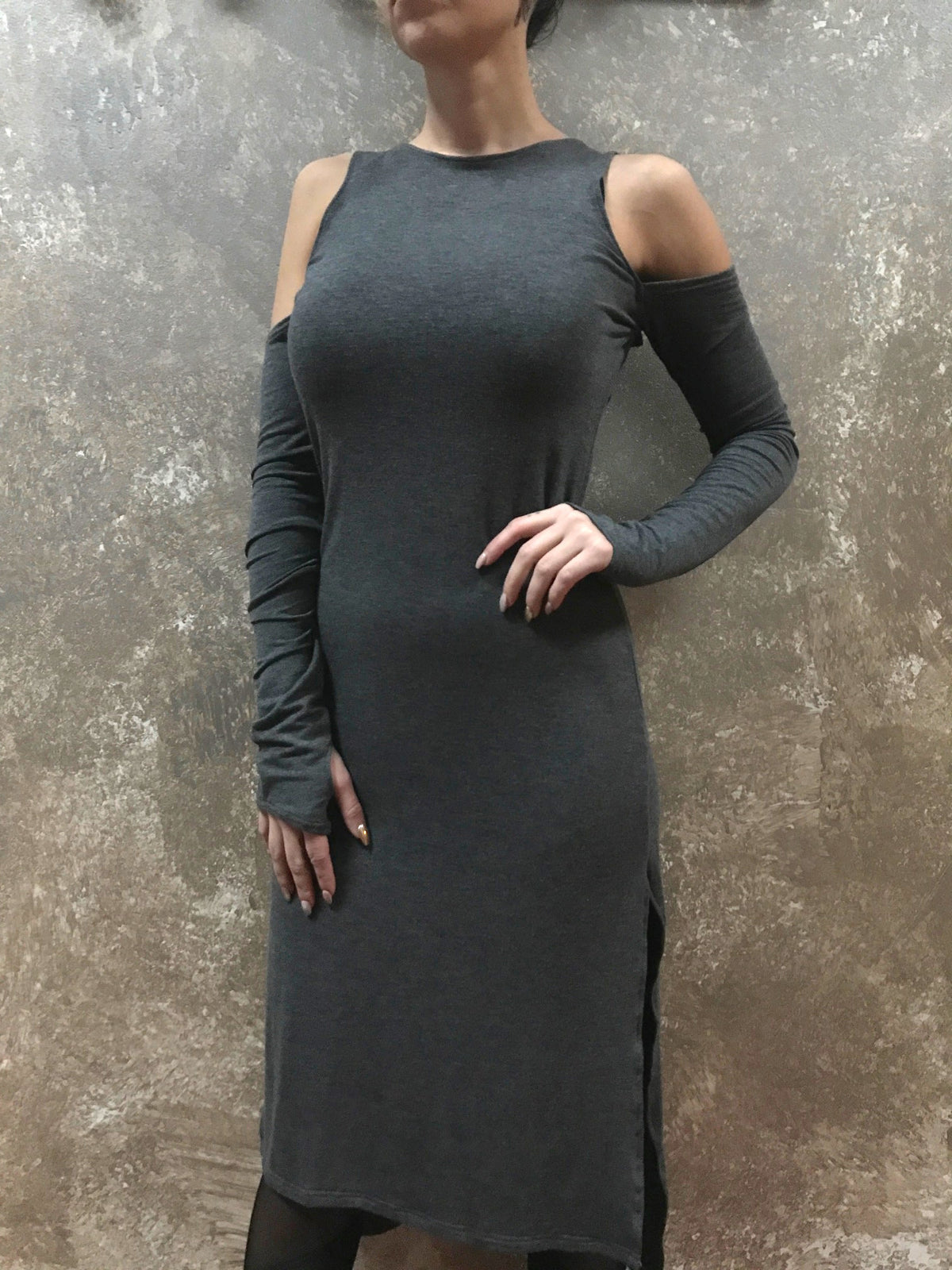 Bianca Rachele Midi Cold Shoulder Slit Dress in Grey