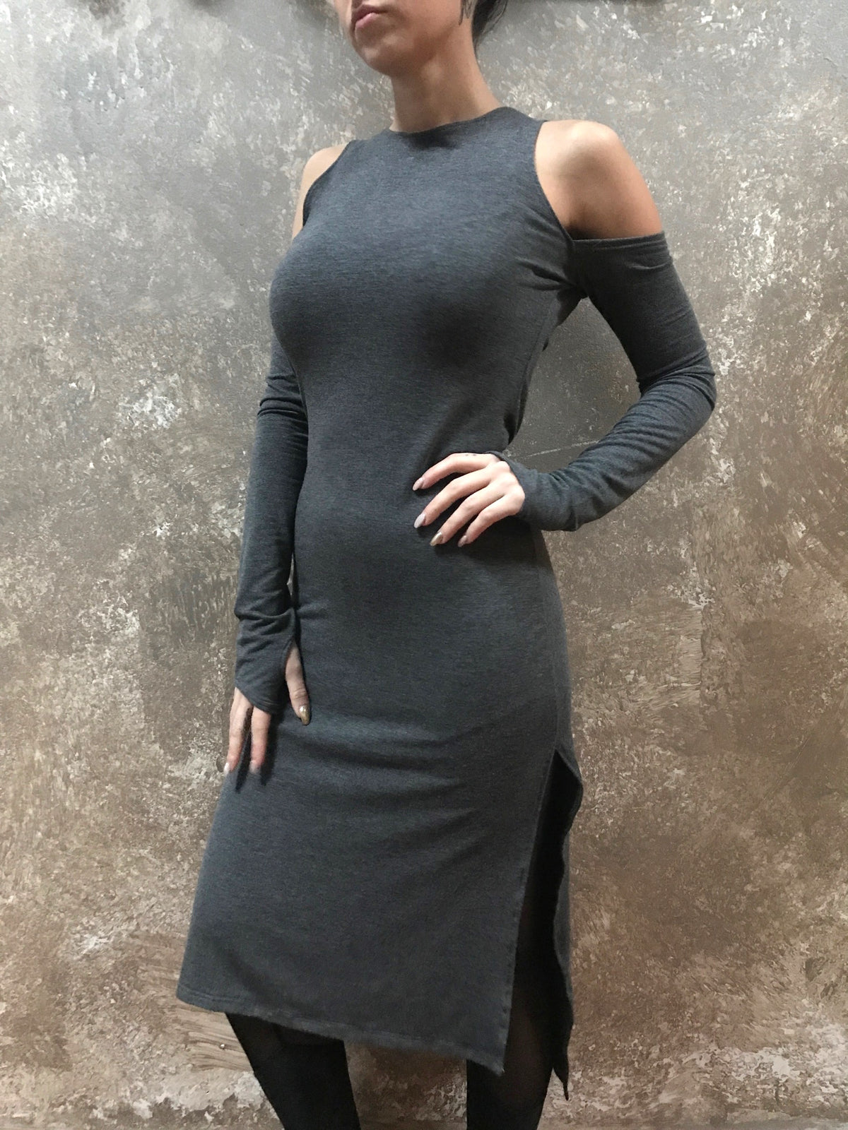 Bianca Rachele Midi Cold Shoulder Slit Dress in Grey